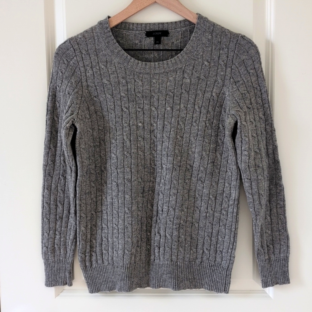 J Crew Cable Crewneck Sweater Wool Blend in Heather Gray Petite Small